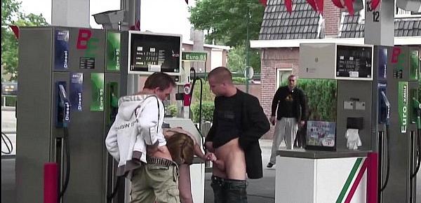  Very pregnant girl PUBLIC threesome at a gas station